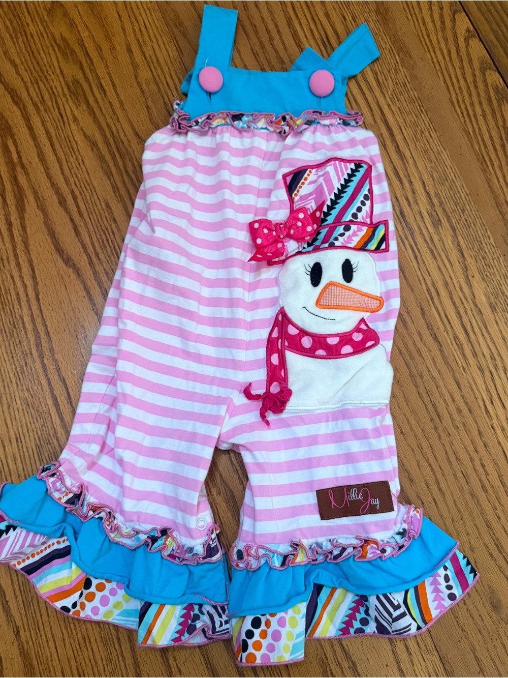 Millie Jay Pink Striped Snowman Romper with Turquoise Ruffles